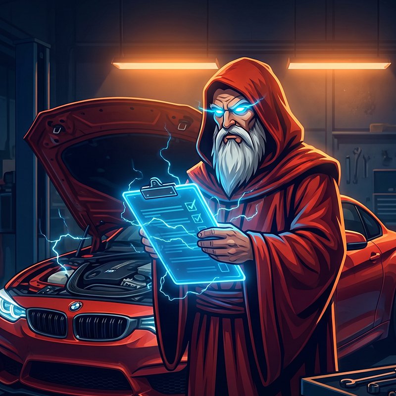 Wizard mechanic walking through the shop, hands crackling with electric-blue energy