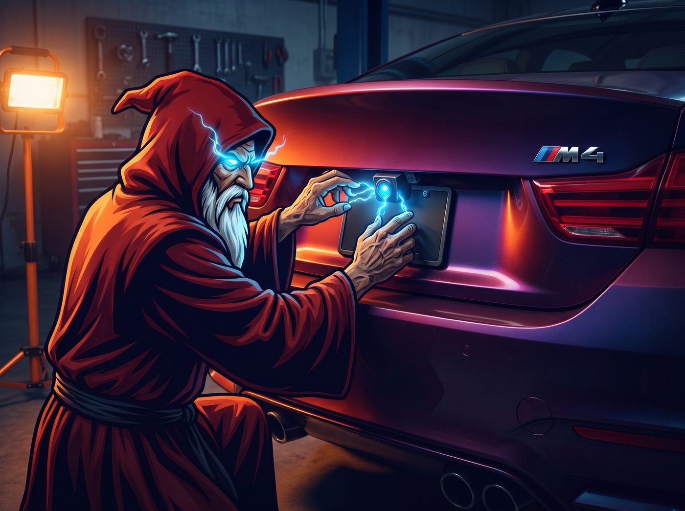 Wizard mechanic mounting a backup camera above a car's rear license plate