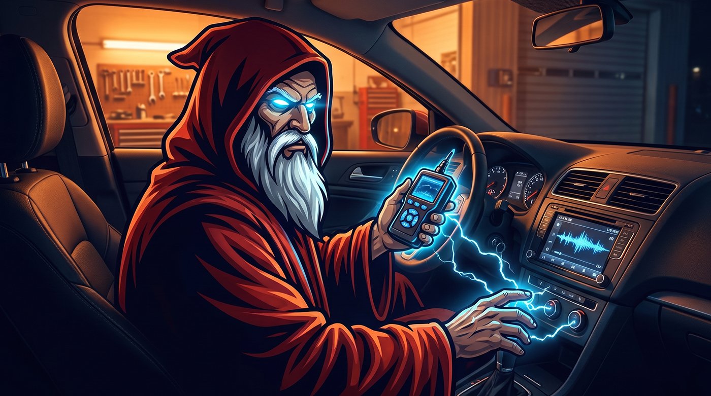 Wizard mechanic holding a glowing subwoofer beside a car on a shop lift