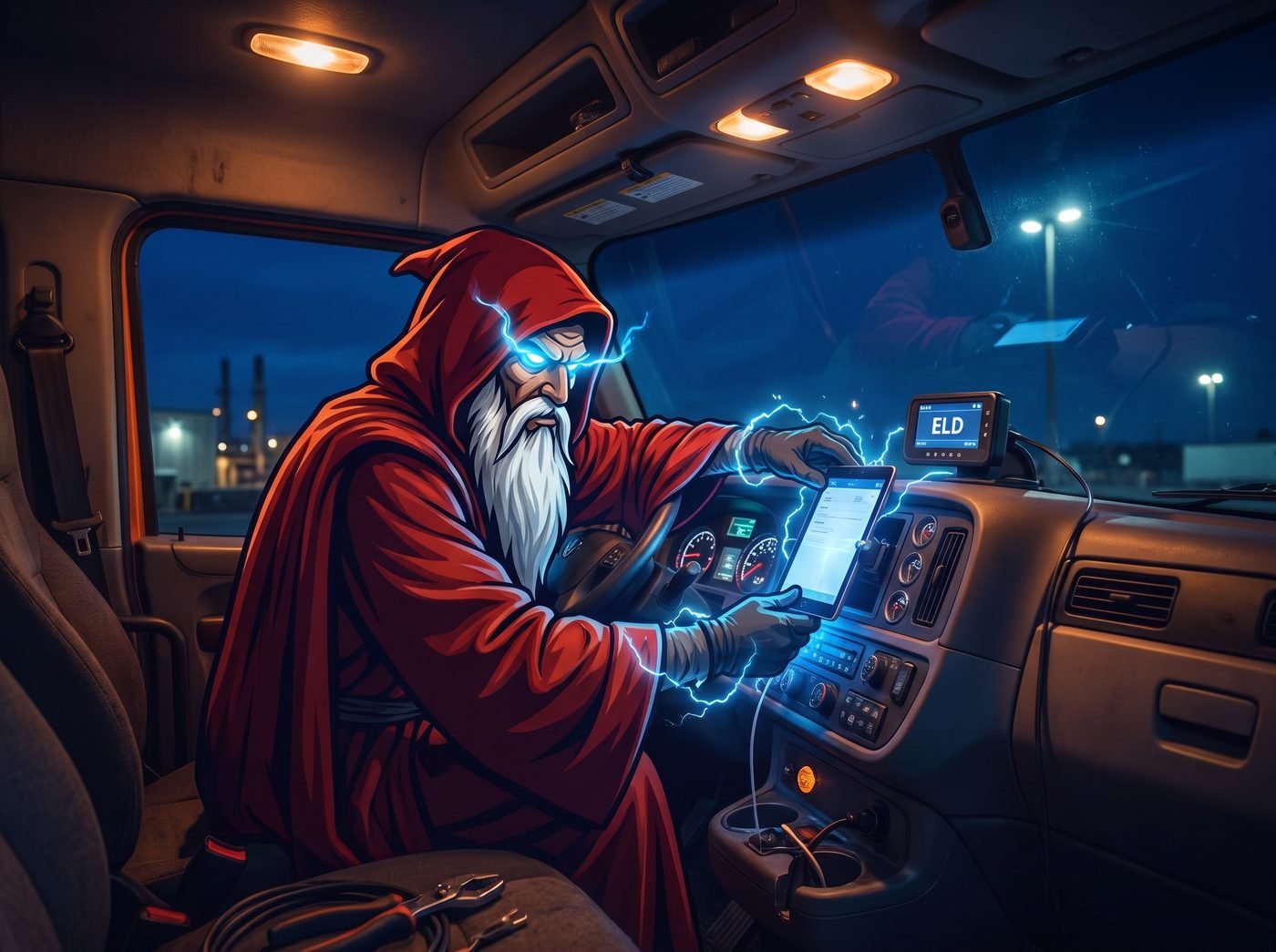 Wizard mechanic mounting a tablet and ELD device to a commercial truck dashboard