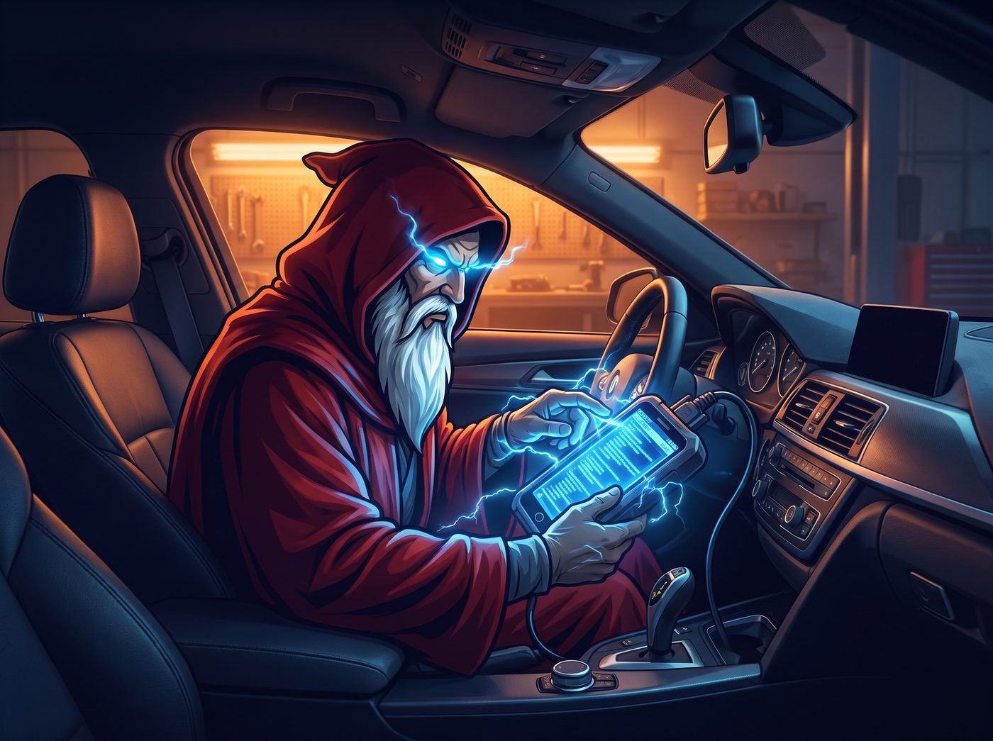 Wizard mechanic holding a glowing diagnostic scanner plugged into a car's dash port