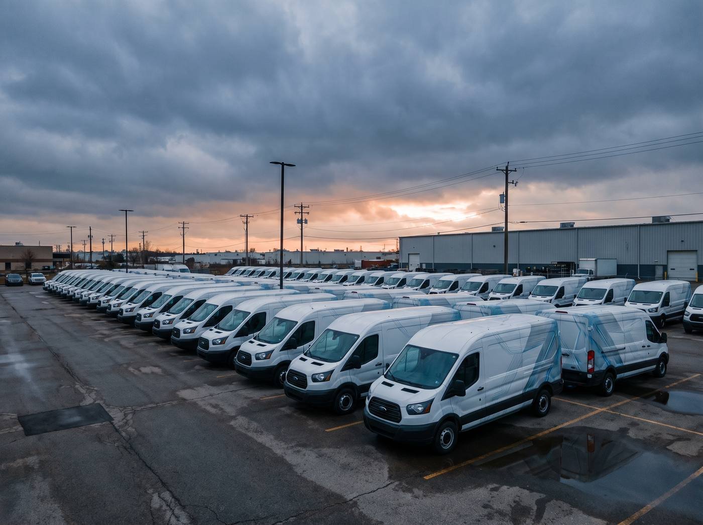 Row of matching white commercial work vans parked in a depot lot at dusk