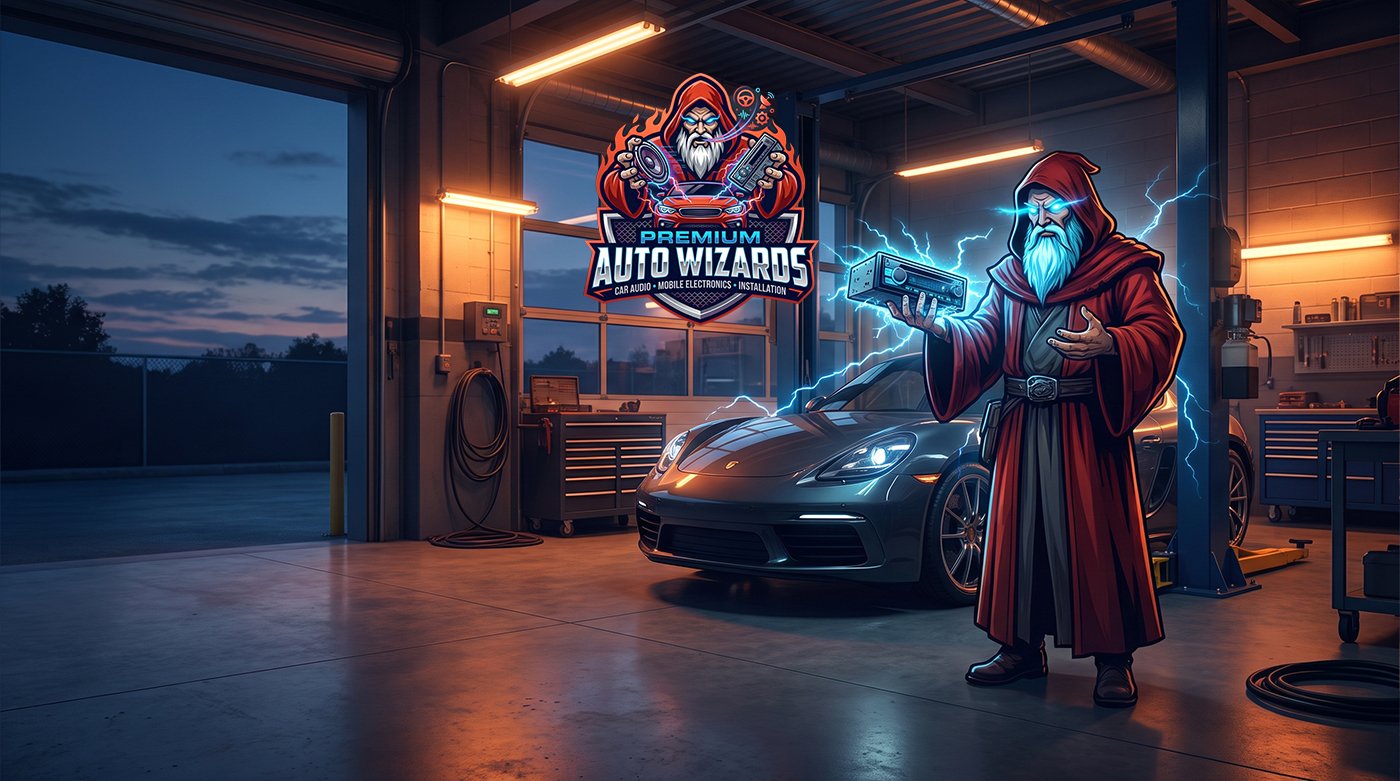 Wizard mechanic holding a glowing subwoofer beside a car on a shop lift