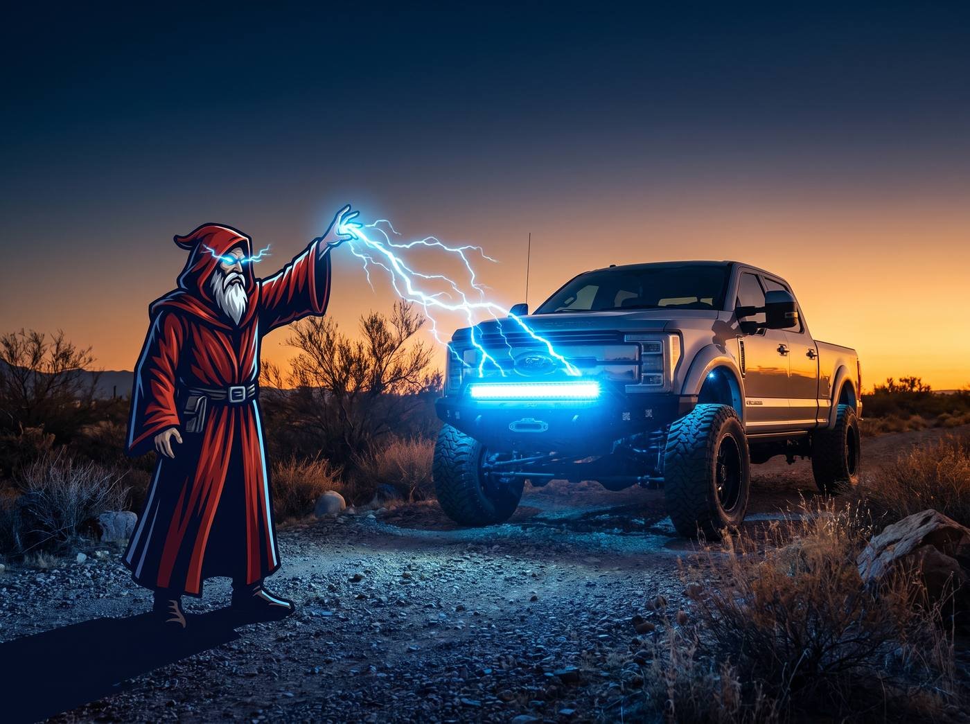 Wizard mechanic igniting a lifted truck's off-road light bar at dusk