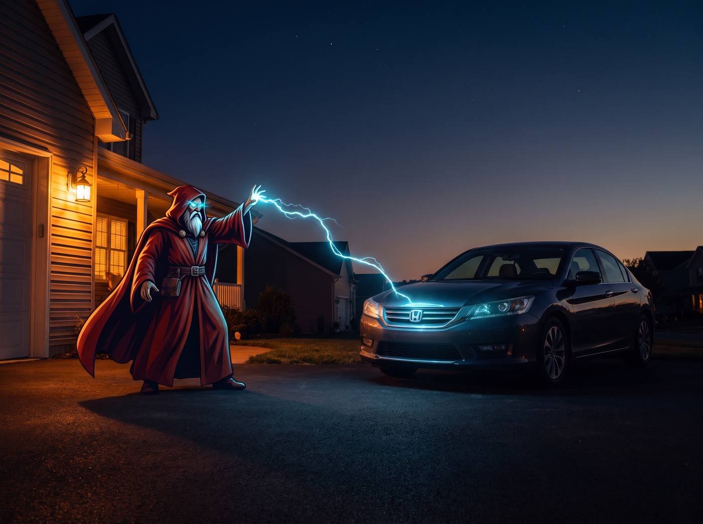 Wizard mechanic sending an electric-blue remote-start signal to a car in a driveway at night